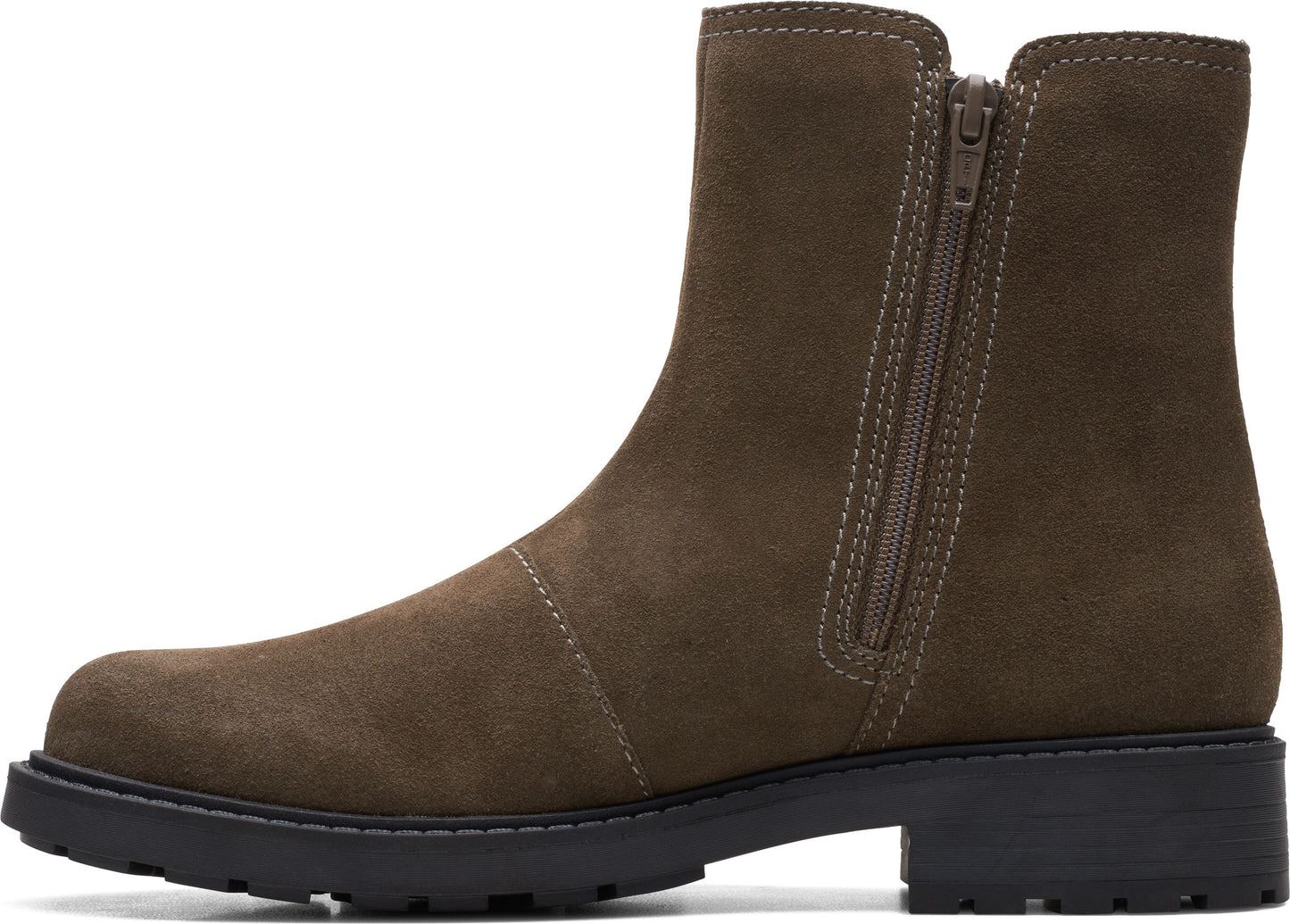 Olive-green suede ankle boot with side zipper and low block heel.