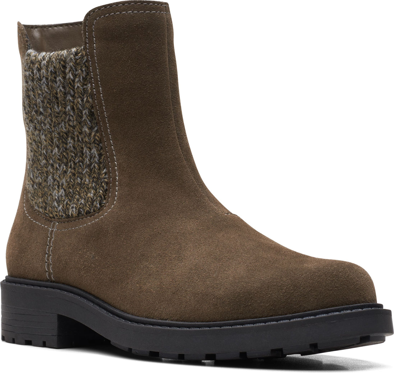 Olive suede Chelsea boot with a knit ankle collar and a chunky black sole.