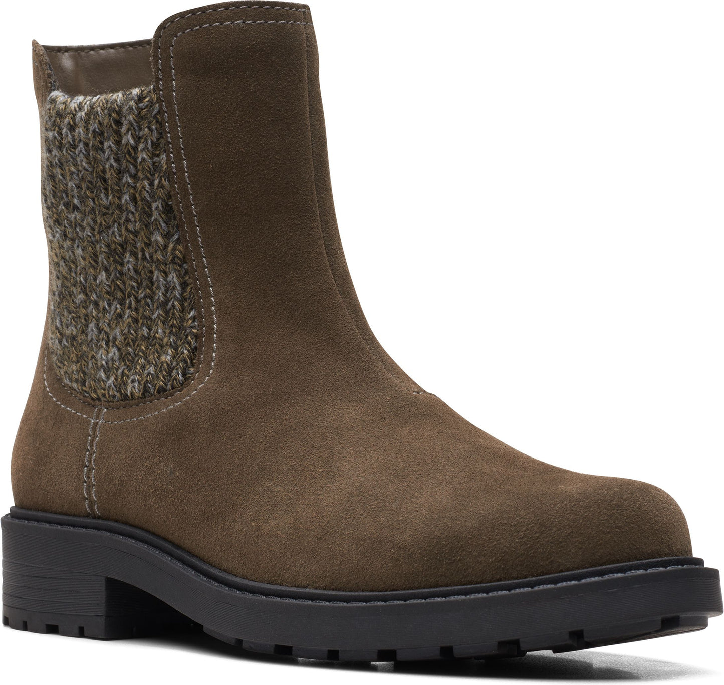 Olive suede Chelsea boot with a knit ankle collar and a chunky black sole.