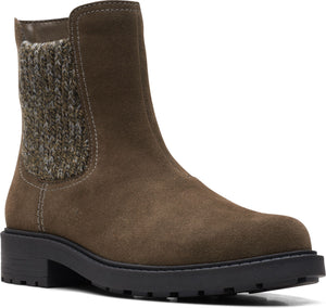 Olive suede Chelsea boot with a knit ankle collar and a chunky black sole.