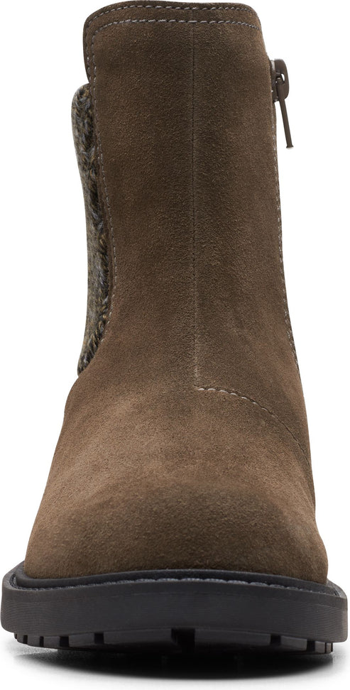 Taupe suede ankle boot with zipper and knitted wool upper.
