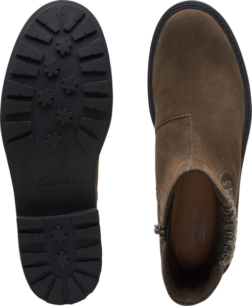 Olive suede ankle boot; lug sole; side zipper and stretchy side panels; tan interior.