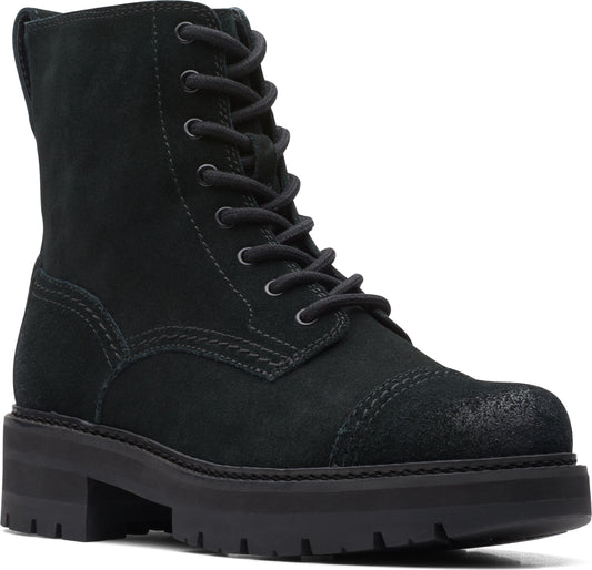 Black suede ankle boot with laces and a chunky sole.