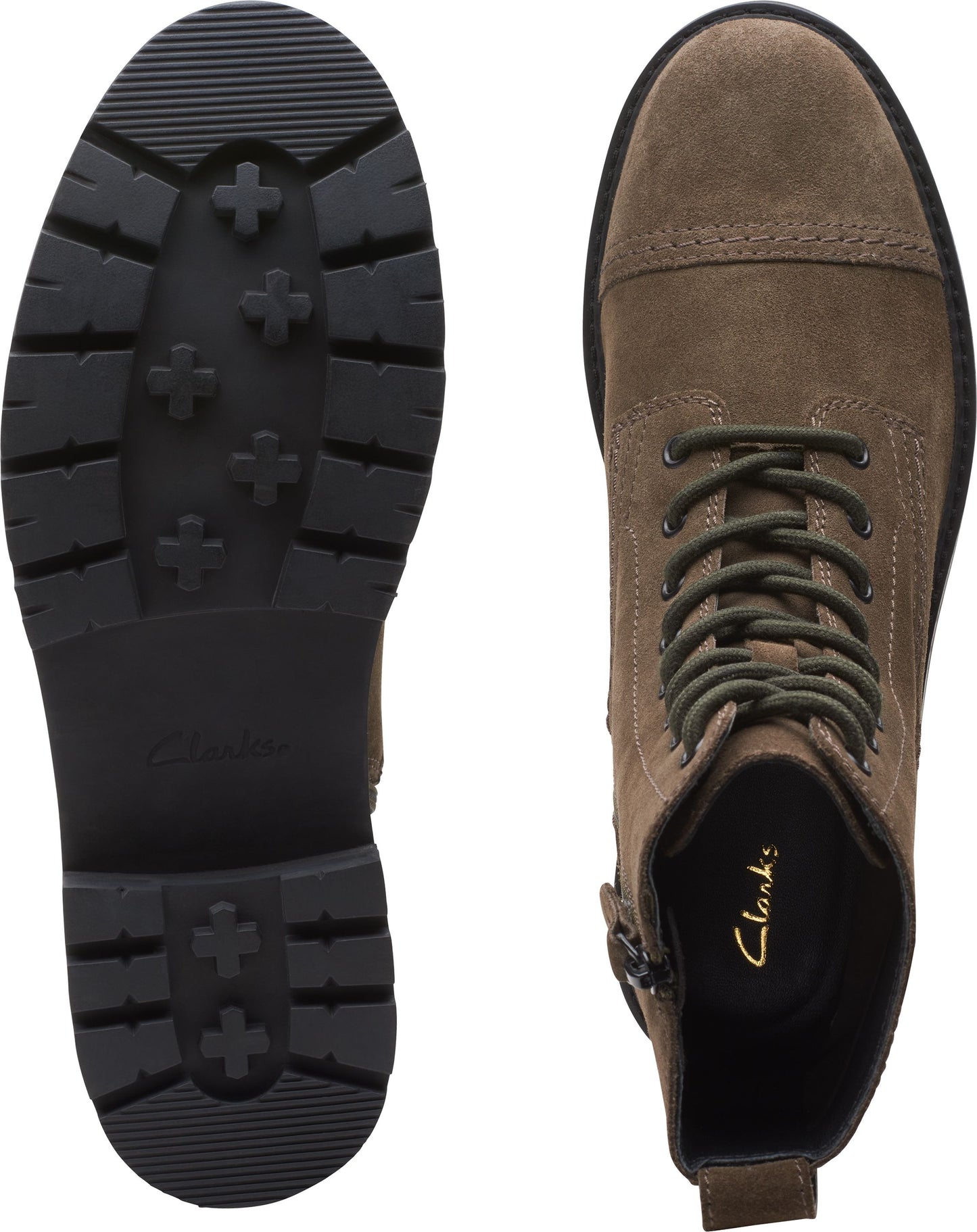 Pair of boots featuring a black rubber sole with lug pattern, olive green suede upper, cap toe, lace-up closure, and a side zipper.