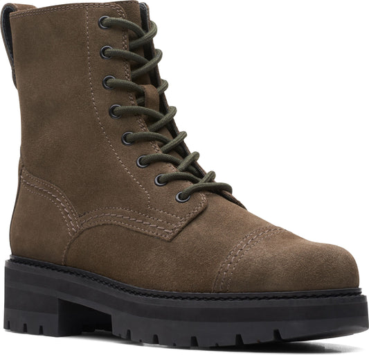 Olive green suede combat boot with cap toe and black lug sole.