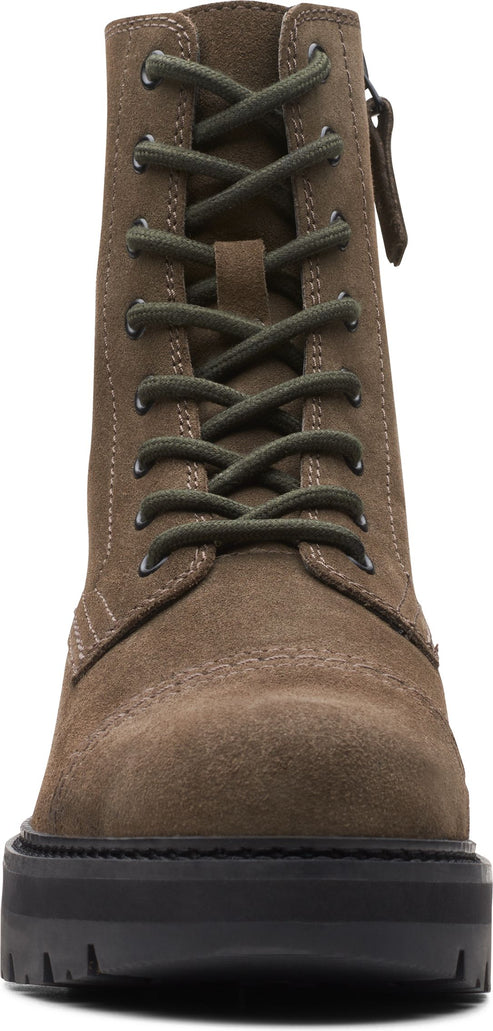 A front view of a suede lace-up boot with a zipper.