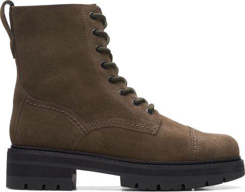 Olive green suede combat boot with a lace-up closure and a low stacked heel.