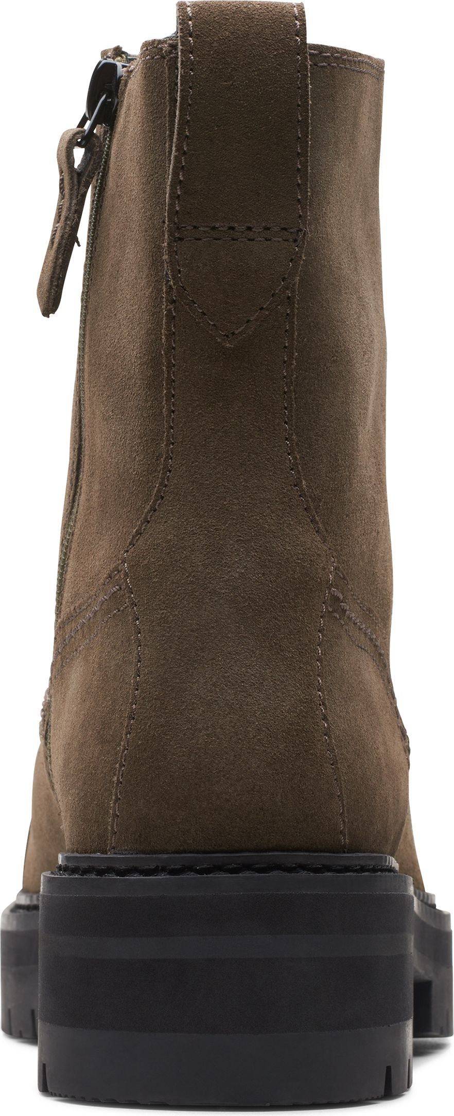 A lug-soled suede ankle boot with a side zipper.