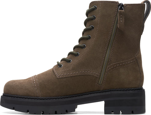 Olive green, lace-up suede boot with side zipper and black lug sole.