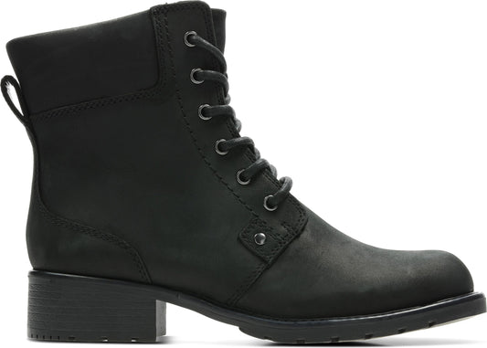 Black nubuck lace-up ankle boot with a block heel.