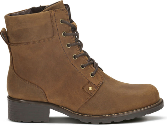 Brown leather ankle boot with lace-up closure and a low heel.