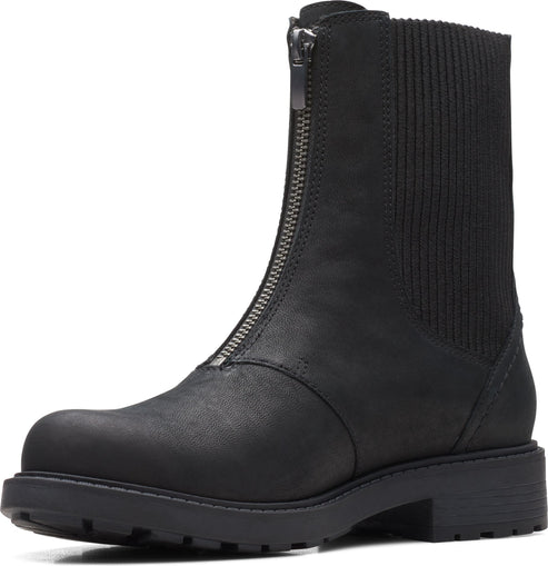 Black ankle boot with front zipper and ribbed side panel.