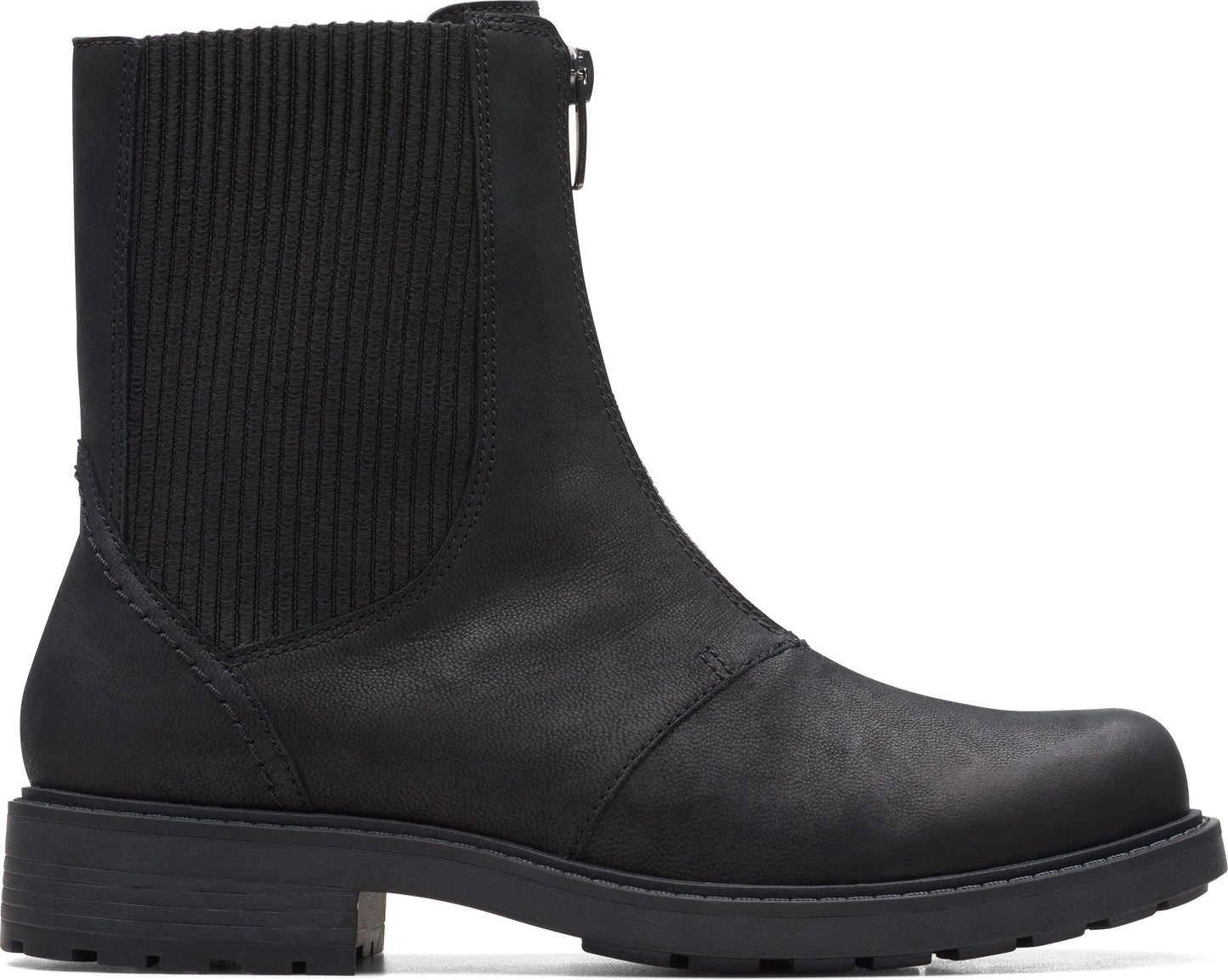 Black ankle boot with front zipper and lug sole.