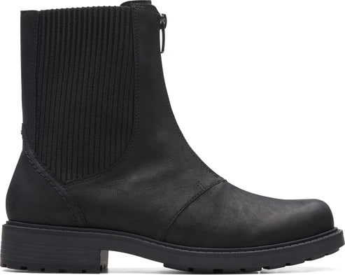 Black ankle boot with front zipper and lug sole.