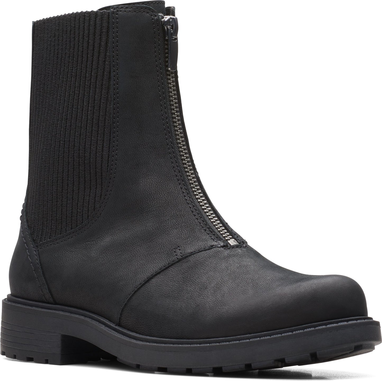 A black leather ankle boot with a front zipper and elastic panels on each side.