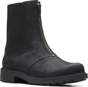 A black leather ankle boot with a front zipper and elastic panels on each side.