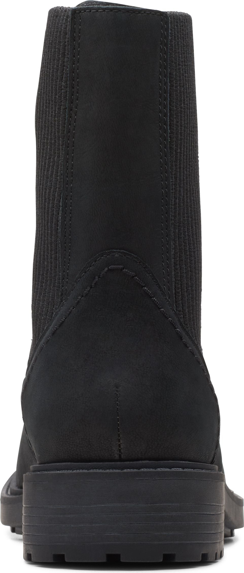 Black boot with a block heel and elastic side panels.