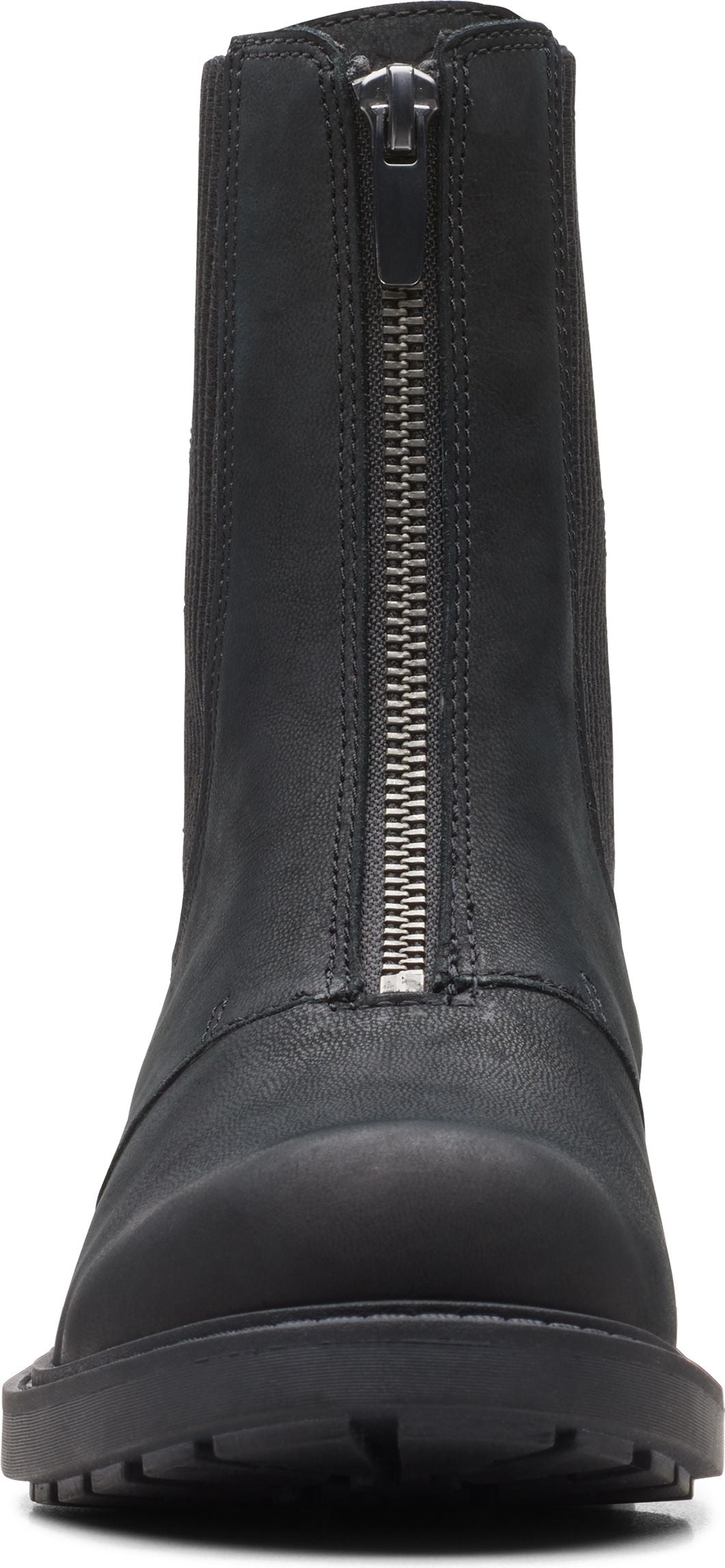 A black boot with a zipper closure.