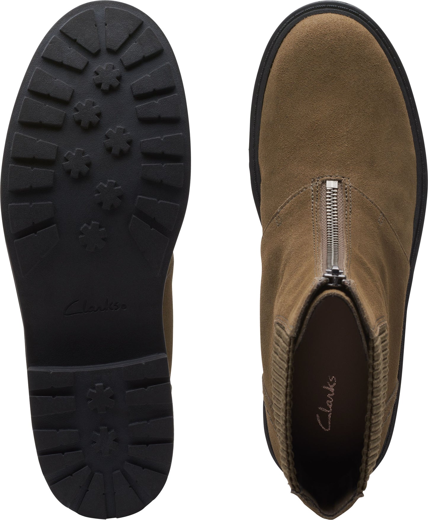 Two Clarks light brown suede ankle boots, one showing the black lug sole, and the other showing the front zipper.