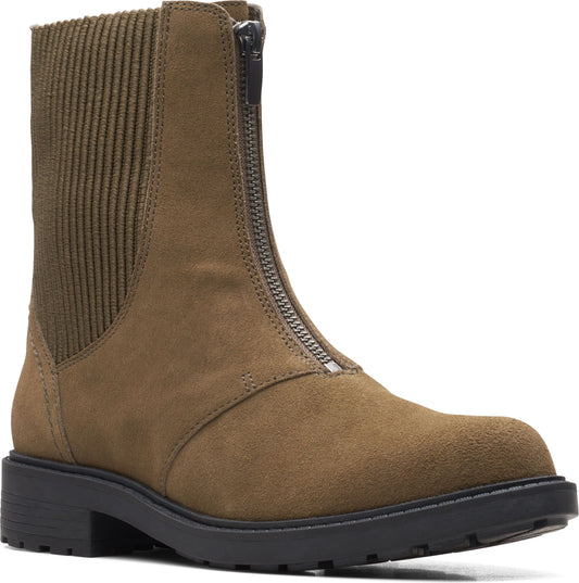 Ankle-high brown suede boot with front zipper and ribbed knit shaft.