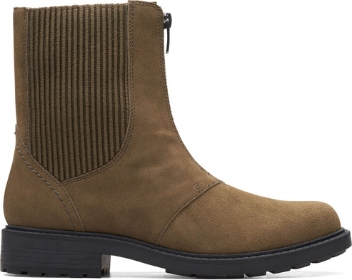 Tan suede ankle boot with rib-knit top and front zipper.