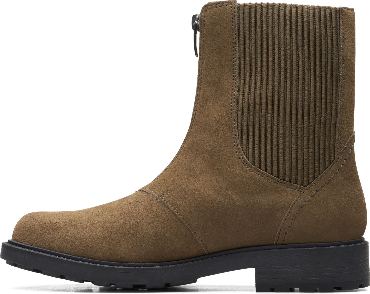 Olive-green suede ankle boot with front zipper, ribbed texture on the shaft, and a black lug sole.