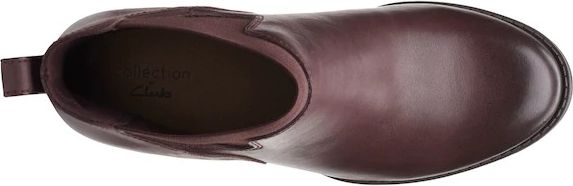 A maroon colored boot shown from above.
