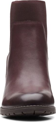 Front view of a maroon boot with dark elastic top.