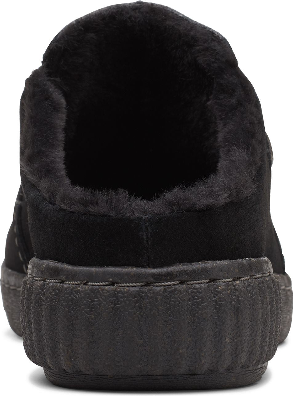 Back view of a black fuzzy slipper with a low, ridged heel.