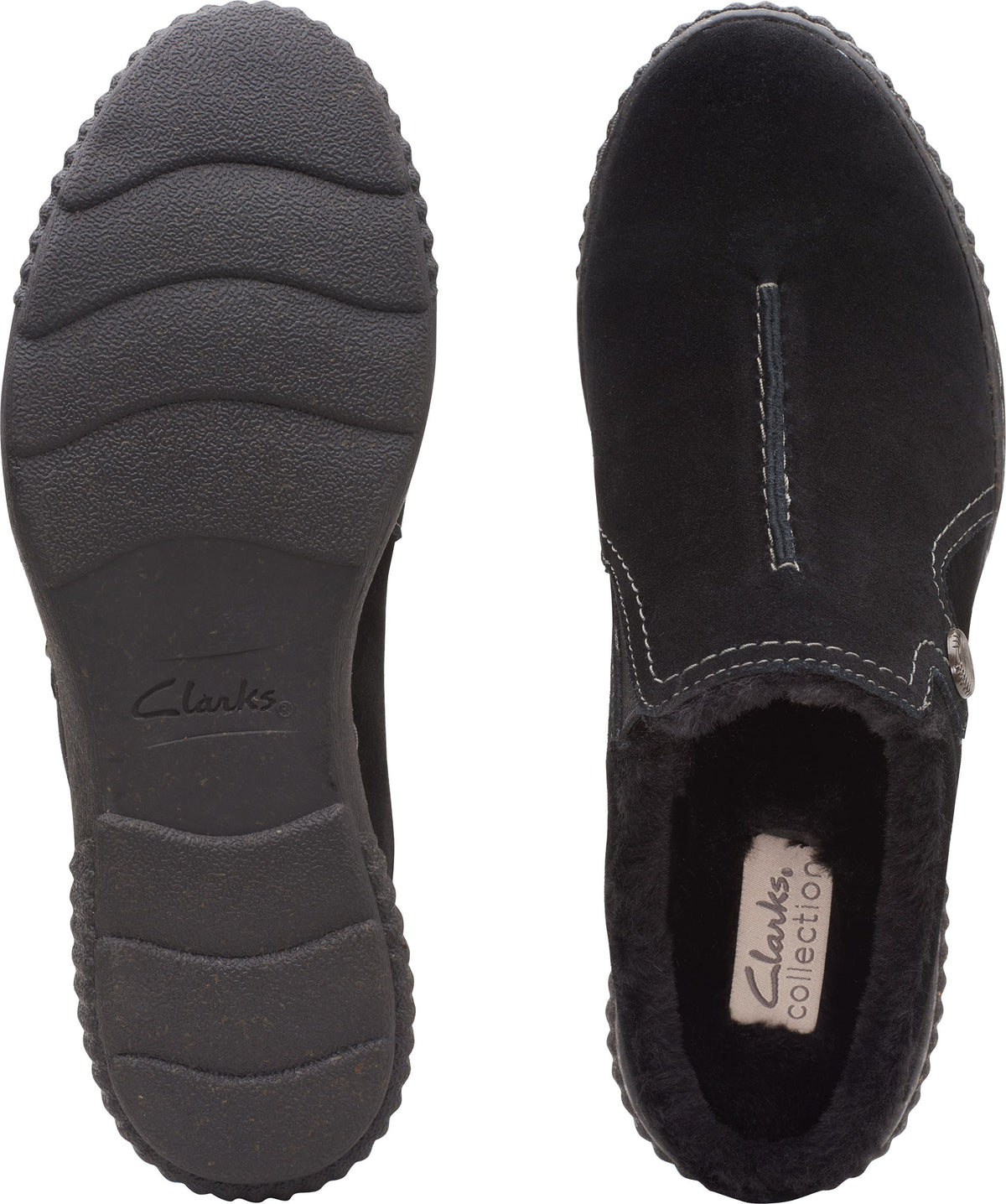 Black loafer-style shoe with plush lining, contrasting stitching, and rubber sole.