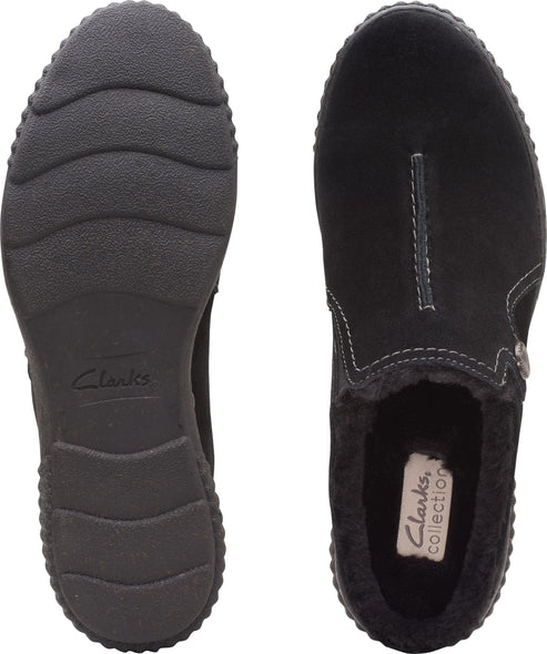 Black loafer-style shoe with plush lining, contrasting stitching, and rubber sole.