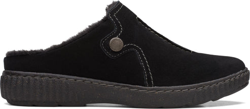 Black slip-on shoe with a button and light stitching.