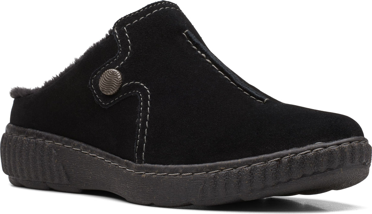 Black suede clog slipper with faux fur lining, side button, and textured sole.