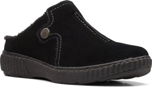 Black suede clog slipper with faux fur lining, side button, and textured sole.
