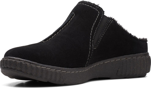 Black suede mule with faux fur lining and a low, textured sole.