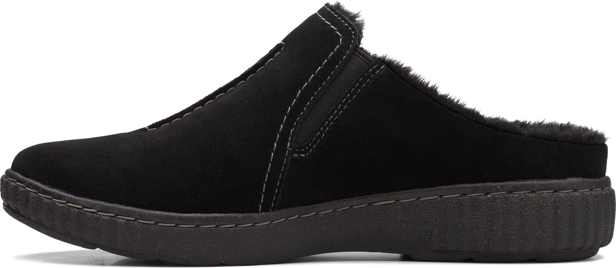 Black slip-on shoe with a faux fur lining.