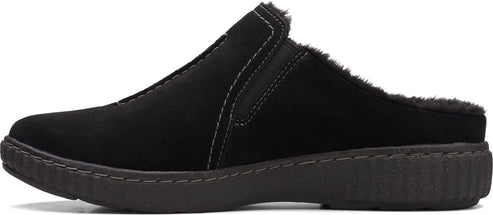Black slip-on shoe with a faux fur lining.