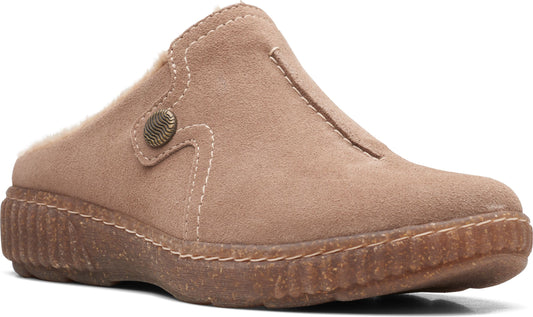 Suede clog slipper with button detail and treaded sole.