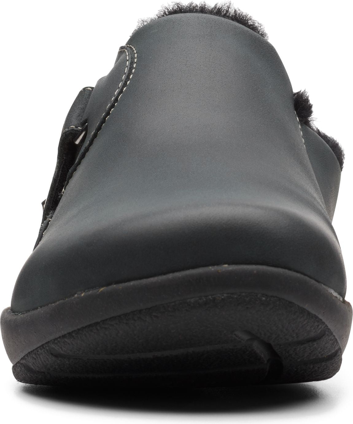 Dark gray mule shoe with faux fur lining.