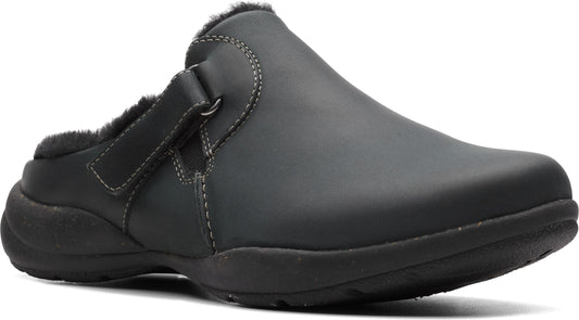 Black clog with adjustable strap and faux fur lining.