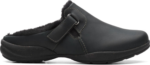 Black slip-on shoe with faux fur lining and hook-and-loop strap.