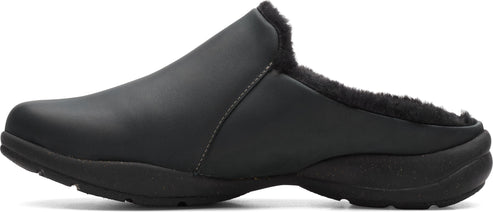 A black clog-style shoe with faux fur lining.