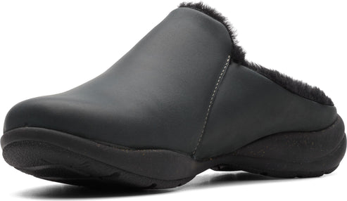 Black slip-on shoe with dark faux fur lining.