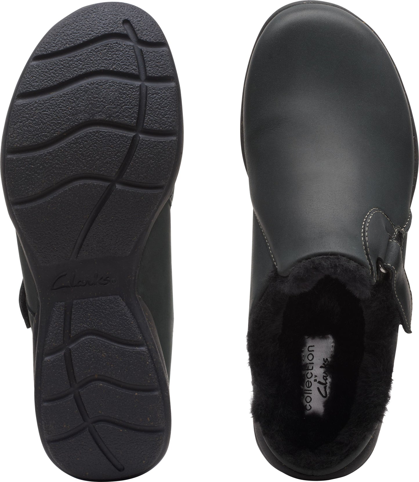 Two black slip-on shoes, one showing the sole and the other showing a furry interior.