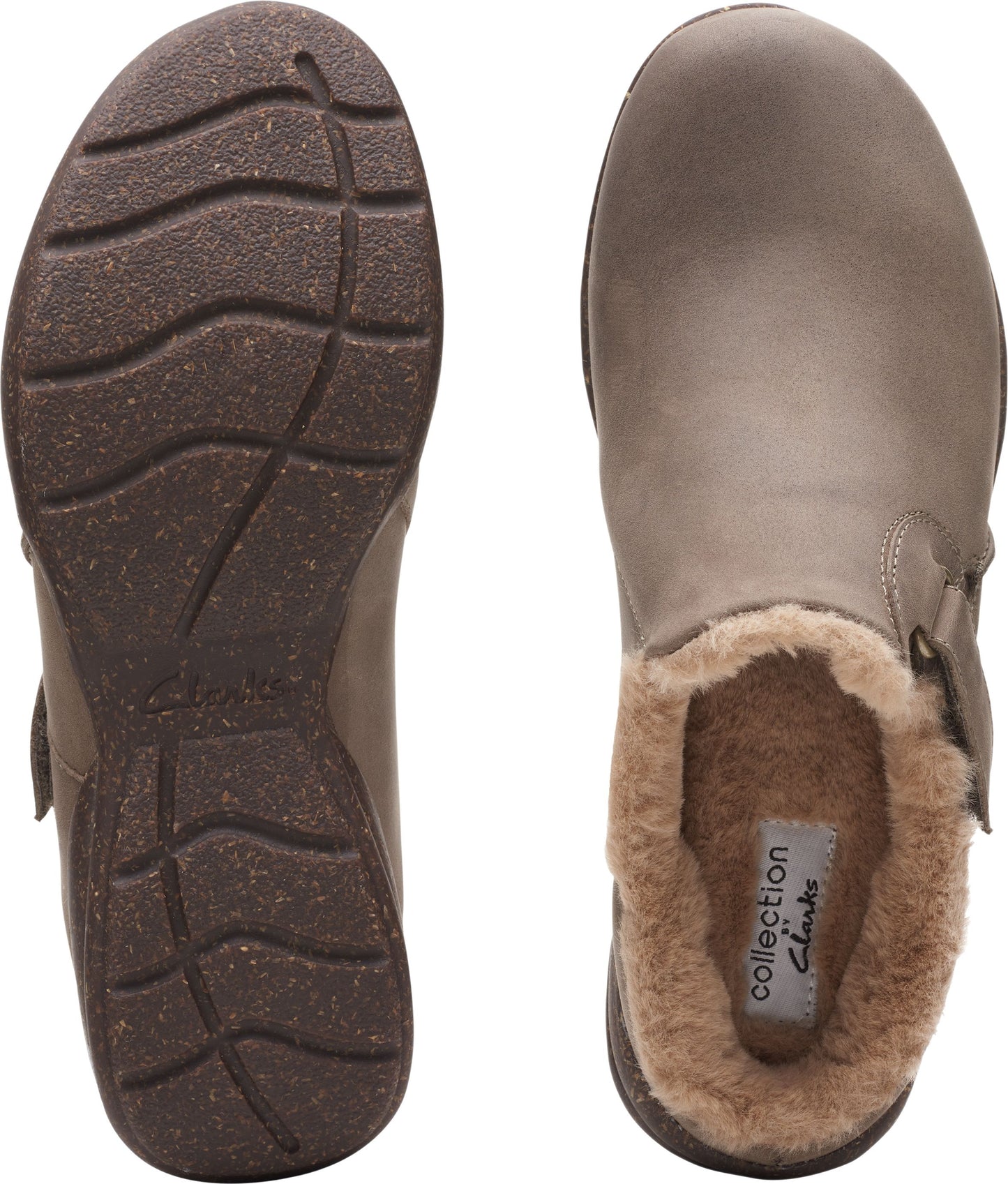 Two taupe-colored clogs, one showcasing the rubber sole and a velcro strap, and the other showing the faux fur lining.