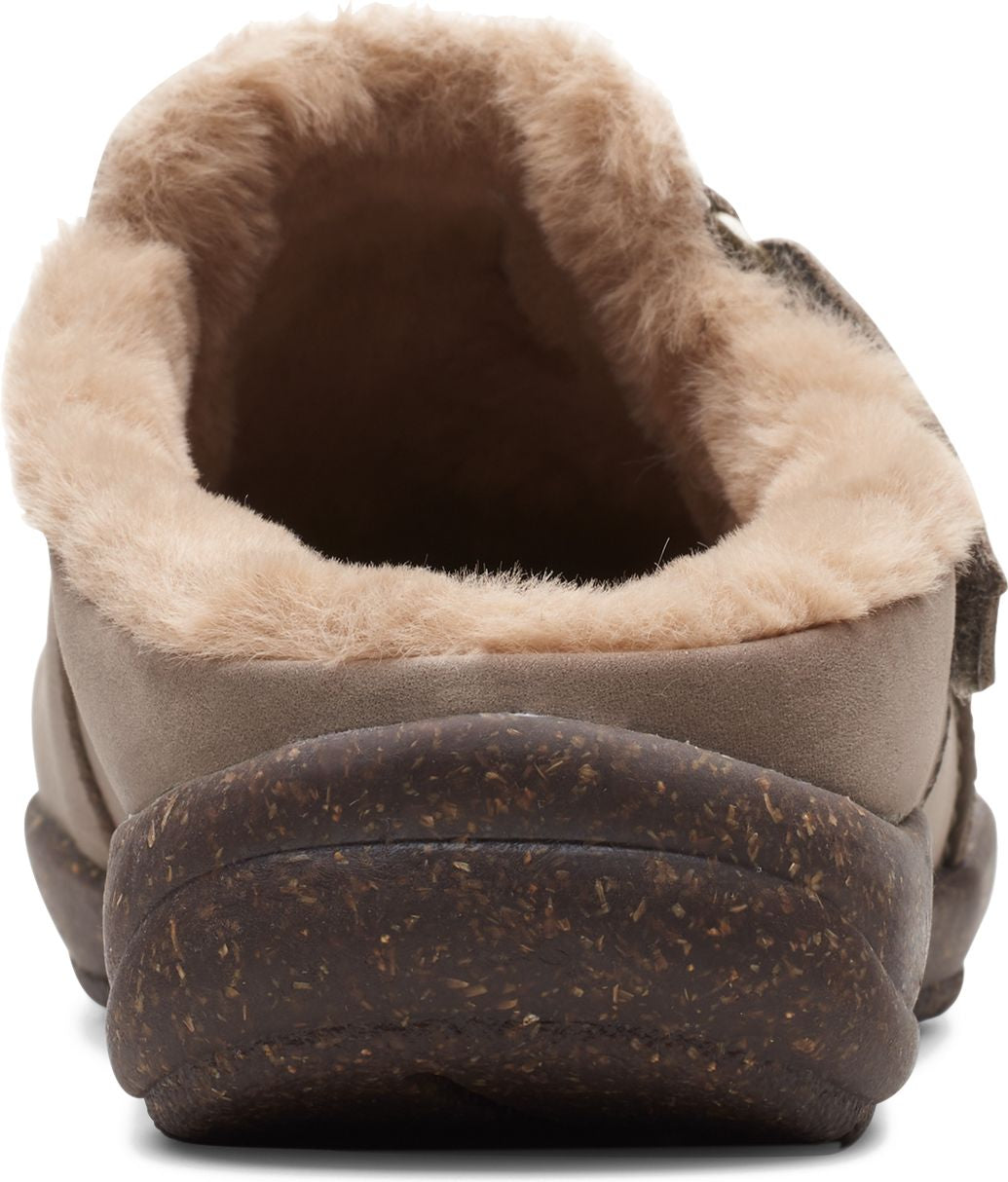 Back view of a brown faux fur-lined clog with a brown speckled sole.