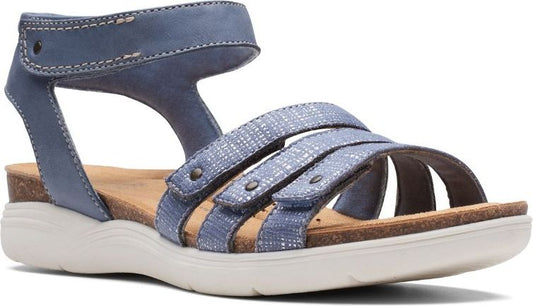 Blue sandal with ankle strap and three decorative straps across the top of the foot.