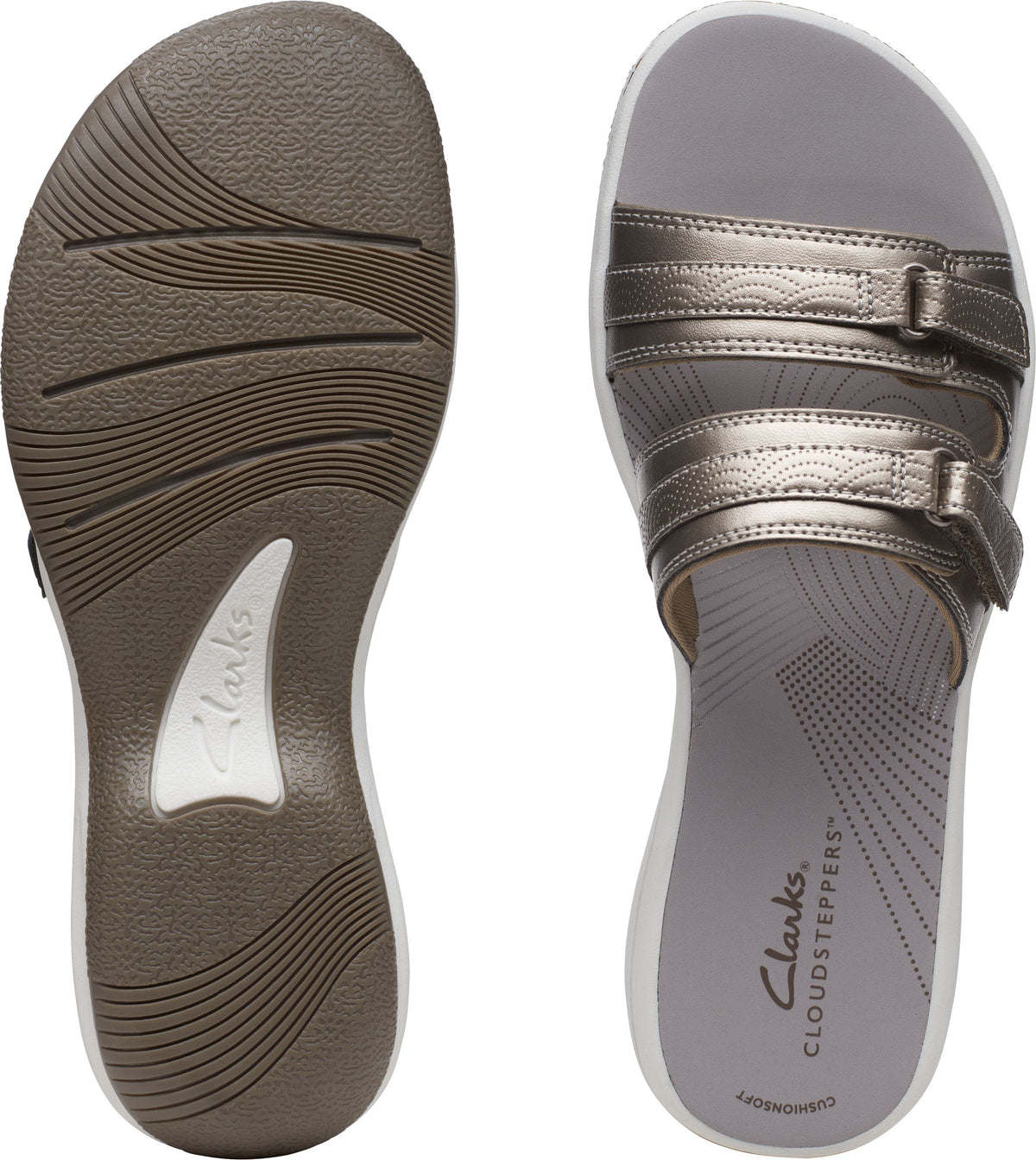 Sandal featuring two adjustable straps with buckles and 'Clarks CLOUDSTEPPERS' written on the insole.
