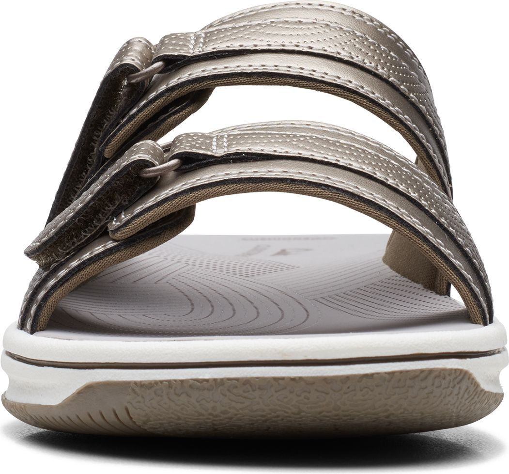 Front view of a bronze sandal with two adjustable straps.