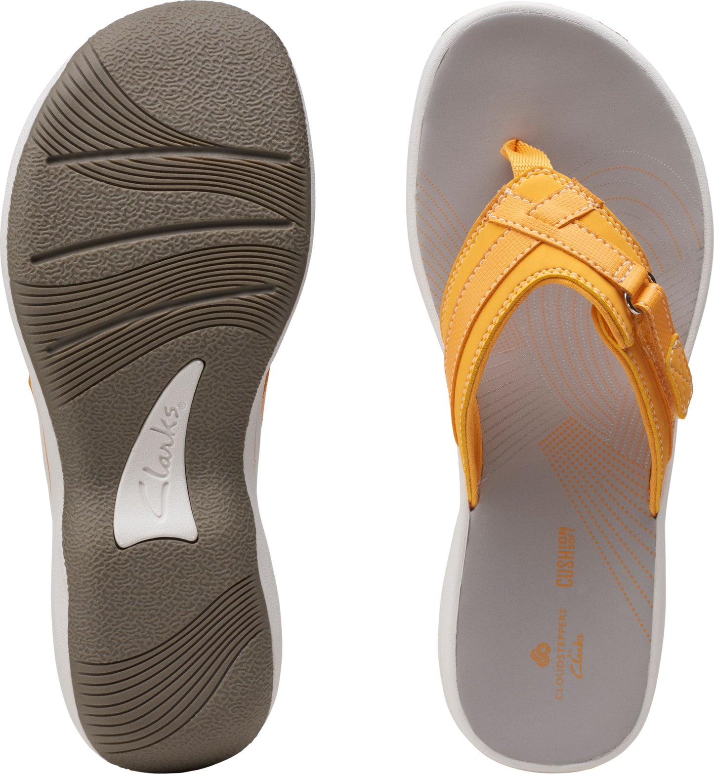 Pair of flip-flops: gray footbed and white midsole; dark brown sole with wavy treads; yellow straps.